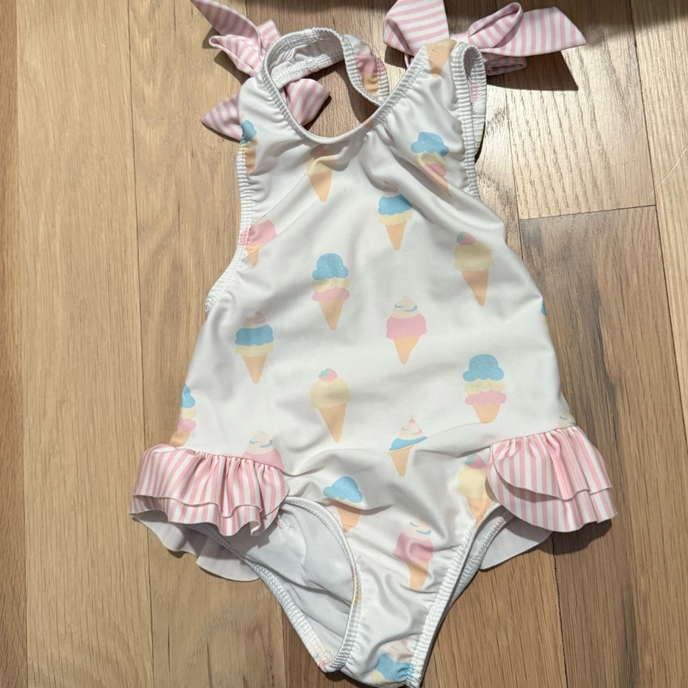 Sal & Pimenta Cream Print Swimsuit with Pink Ruffles, 5T runs small like 3T/4T
